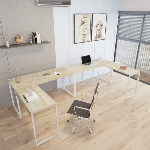 Conjunto 2 Mesas de Escritório em L Estilo 1,50MX1, Kuadra 150cm Carvalho e Branco Marrom