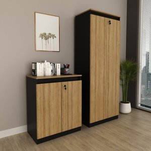 Kit 2 Peças Armário Escritório com 2 Portas com Chave, Balcão para Escritório com Chave e 2 Portas