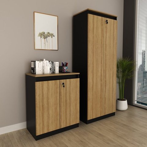 Kit 2 Peças Armário Escritório com 2 Portas com Chave, Balcão para Escritório com Chave e 2 Portas