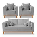 Ver imagem 1 de Kit Sofá 3 Lugares e 2 Poltronas Beny Viena com Almofadas Decorativa Linho Cinza - Madeira Prima Dec