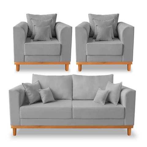 Kit Sofá 3 Lugares e 2 Poltronas Beny Viena com Almofadas Decorativa Linho Cinza - Madeira Prima Dec
