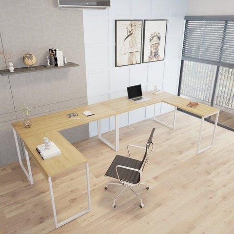 Conjunto 2 Mesas de Escritório em L Estilo 1,50MX1, Kuadra 150cm Lamina Mel e Branco Marrom