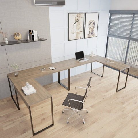 Conjunto 2 Mesas de Escritório em L Estilo 1,50MX1, Kuadra 150cm Nogal Marrom
