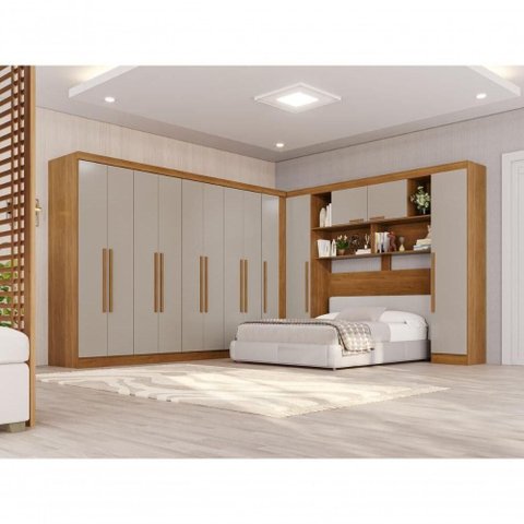 Guarda Roupa Casal Modulado de Canto Crsal 13 Portas de Bater 4 Gavetas MDP Cinamomo-Off White