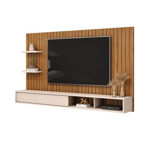Painel Frizz com Ripas e Prateleiras Freijó com Off White