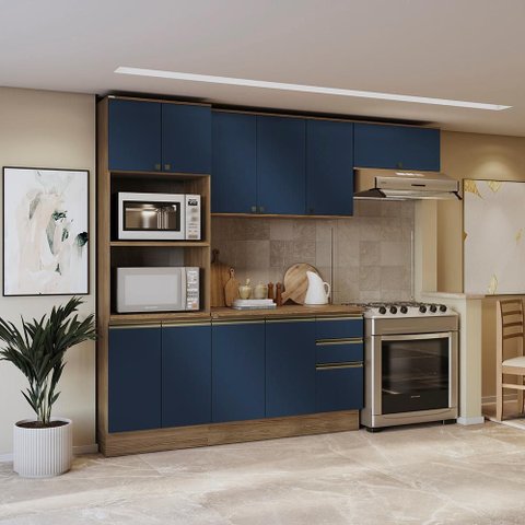 Armário de Cozinha Completa 100% Mdf 270cm Nogueira/azul Profundo Celeste Kappesberg