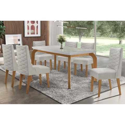 Sala de Jantar Completa Mesa Londrina Tampo Madeirado c/ Vidro 180cm + 6 Cadeiras Dafne Imbuia/Bege
