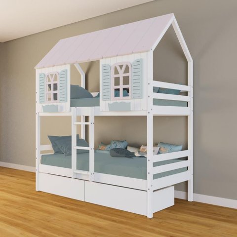 Beliche Casinha Bela com 2 Gavetas - Madeira Maciça Branco/rosa/verde | Housin