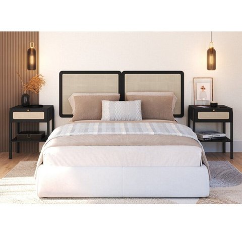Conjunto Cabeceira Casal 160cm e 2 Mesas de Cabeceira 1 Gaveta Pé Madeira Palhinha Oslo Nero Preto