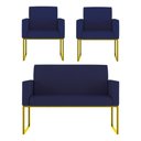 Ver imagem 1 de Kit Sofá 2 Lugares + 2 Poltronas Recepção Sala Base Dourada Cor:azul Marinho Azul Marinho