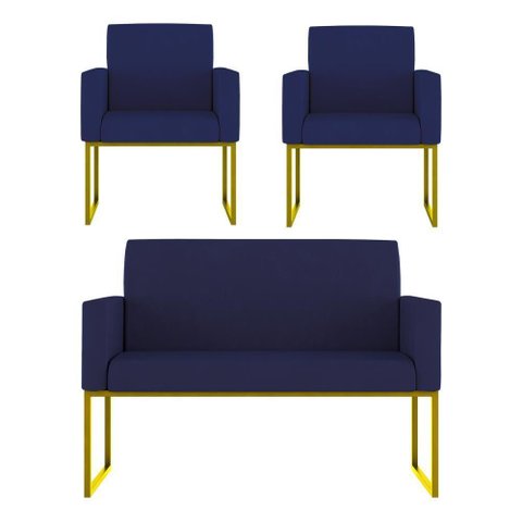 Kit Sofá 2 Lugares + 2 Poltronas Recepção Sala Base Dourada Cor:azul Marinho Azul Marinho