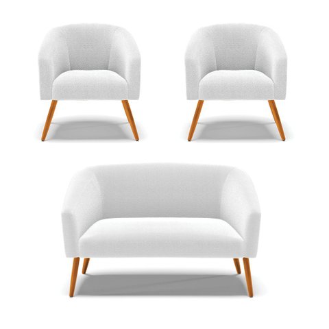 Kit 1 Sofá Namoradeira e 2 Poltronas Stella Bouclê Off White Pés Palito Castanho - D'Rossi