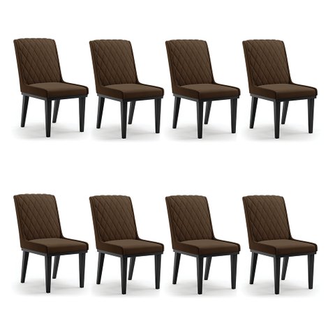 Cadeira Sala de Jantar Base Madeira Preto Kit 8 Sofia Suede Marrom D03 - D'Rossi