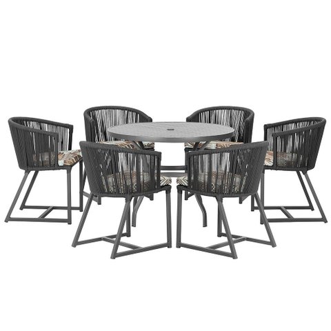 Mesa com 6 Cadeiras de Jantar Roma 120cm e Noronha em Alumínio Preto Corda Náutica Estofado 6 Trama