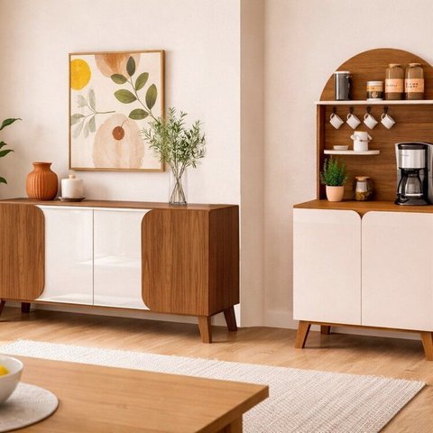 Conjunto Sala de Estar Buffet Elegance e Cantinho do Café Viena Marrom Cedro/Off White