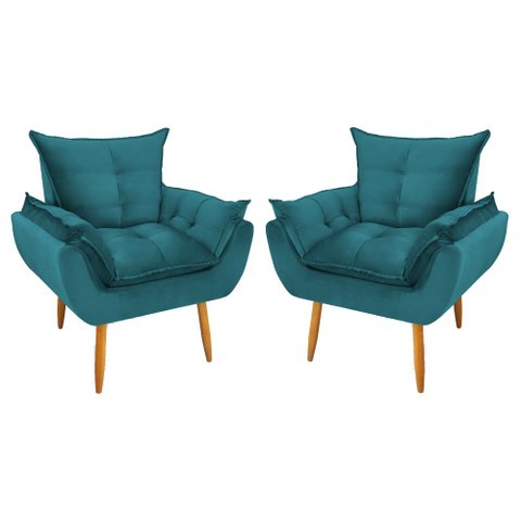 Kit 2 Poltronas Decorativa Opala Pés Palito Veludo Azul Tiffany Chamby Móveis
