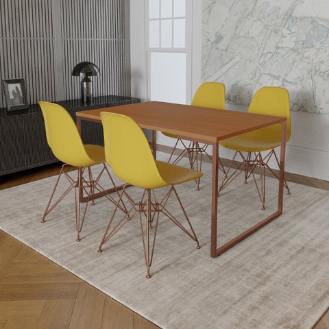 Mesa Industrial Base Ferro Cobre 137x90 Tampo Canela 4 Cadeiras Eiffel Ferro Cobre Assento Amarelo