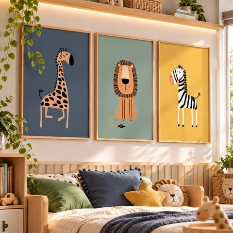 Kit 3 Quadros Infantil Animais Safari Quarto Bebê Menino Menina 40x60 Moldura Madeira NO2