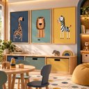 Ver imagem 4 de Kit 3 Quadros Infantil Animais Safari Quarto Bebê Menino Menina 40x60 Moldura Madeira NO2