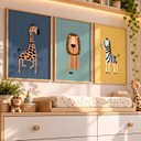 Ver imagem 3 de Kit 3 Quadros Infantil Animais Safari Quarto Bebê Menino Menina 40x60 Moldura Madeira NO2