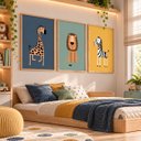 Ver imagem 5 de Kit 3 Quadros Infantil Animais Safari Quarto Bebê Menino Menina 40x60 Moldura Madeira NO2
