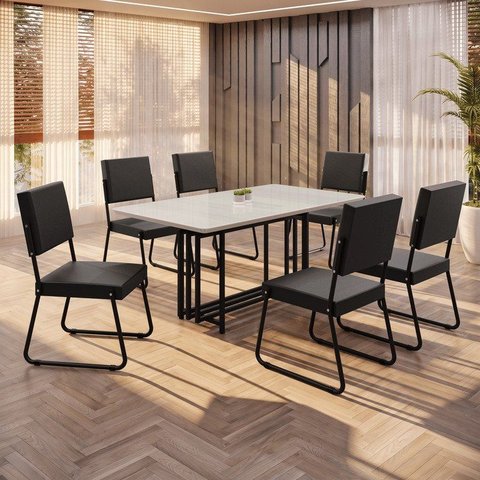 Conjunto Sala de Jantar Mesa 160x90cm Base Pérola Tampo MDF Laca com Vidro Napoli Preto/Off White