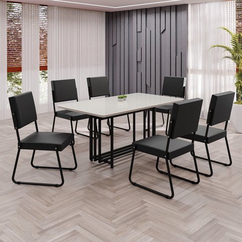 Conjunto Sala de Jantar Mesa 160x90cm Base Pérola Tampo MDF Laca com Vidro Napoli Preto/Off White