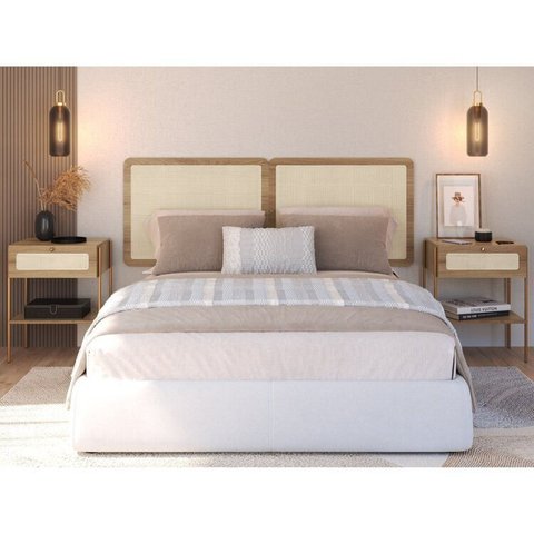 Conjunto Cabeceira Casal 160cm e 2 Mesas de Cabeceira 1 Gaveta Pé Metal Palhinha Oslo Bege