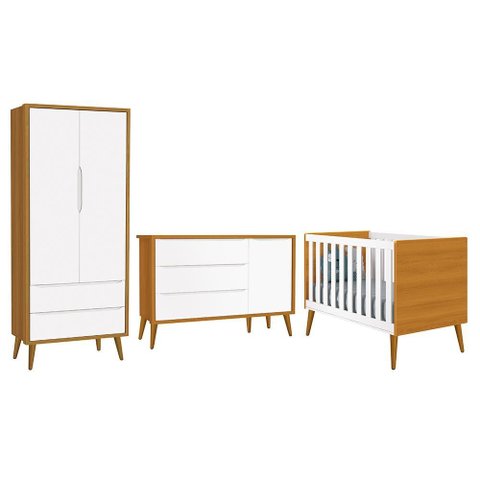 Dormitório Infantil Theo Retrô 2 Portas, Cômoda 1 Porta e Berço Branco/Savana com Pés