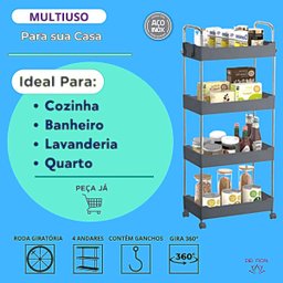 Prateleira Multiuso 4 Andares Estante Rodinhas Facil Montar Cor:cinza - 3