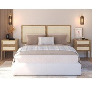 Conjunto Cabeceira Casal 160cm e 2 Mesas de Cabeceira 2 Gavetas Pé Madeira Palhinha Oslo