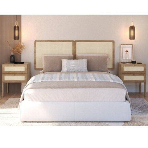 Conjunto Cabeceira Casal 160cm e 2 Mesas de Cabeceira 2 Gavetas Pé Madeira Palhinha Oslo Bege