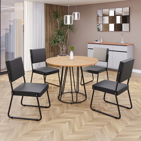 Conjunto Sala de Jantar Mesa Redonda 100cm Base Omega Tampo MDF Napoli Preto