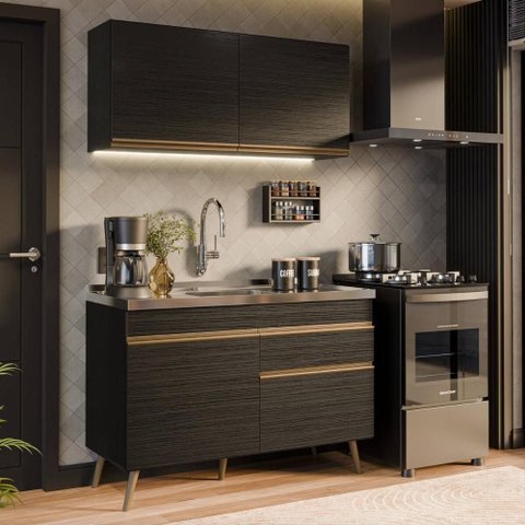 Armário Cozinha Modulada Compacta Balcão com Pia 120cm Florença Multimóveis MCR2466 Preto
