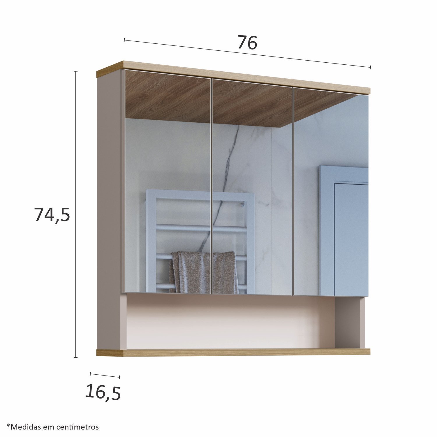 Armário Espelheira de Banheiro  Athlone 3 Portas com prateleira 76cm - 3