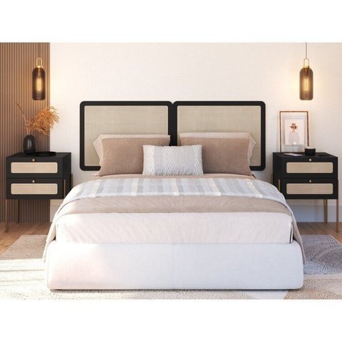 Conjunto Cabeceira Casal 160cm e 2 Mesas de Cabeceira 2 Gavetas Pé Metal Palhinha Oslo Preto