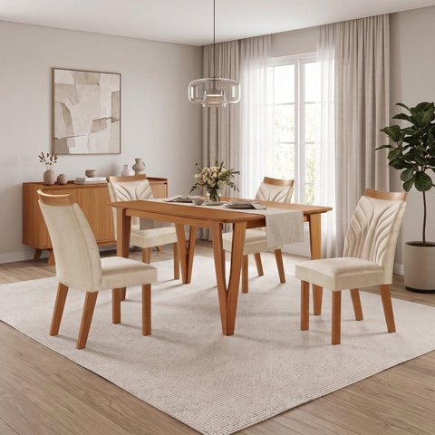 Conjunto Sala de Jantar Mesa Elos 1,20x0,80 Tampo Amadeirado 4 Cadeiras Veneza New Cinamomo Yescasa