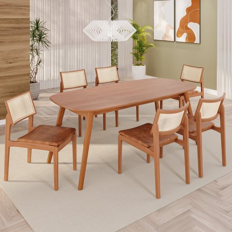 Sala de Jantar Mesa 180x76cm Tampo Laminado com 6 Cadeiras em Couríssimo Ceci Yescasa Marrom