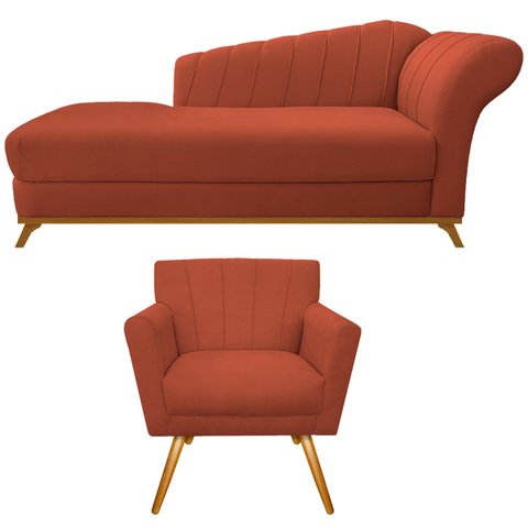 Kit Diva Recamier Vanessa 185cm Lado Esquerdo e 01 Poltrona Laura Suede Doce Sonho Móveis Terracota