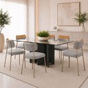 Ver imagem 2 de Kit 6 Cadeiras Sala de Jantar Lisa Pés Champanhe Linho/PU Cinza/Caramelo m² - Monari Design