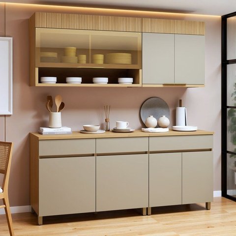 Cozinha Completa Modulada 4 Peças 7 Portas 3 Gavetas 100% MDF Realeza Premium Bege/Carvalho/Greige