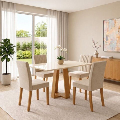 Conjunto Sala de Jantar Mesa Lisa 120cm Tampo de Vidro Canto Reto 4 Cadeiras Lily