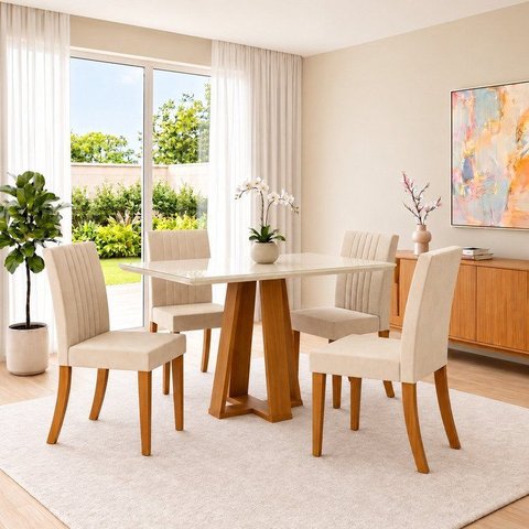 Conjunto Sala de Jantar Mesa Lisa 120cm Tampo de Vidro Canto Reto 4 Cadeiras Lily