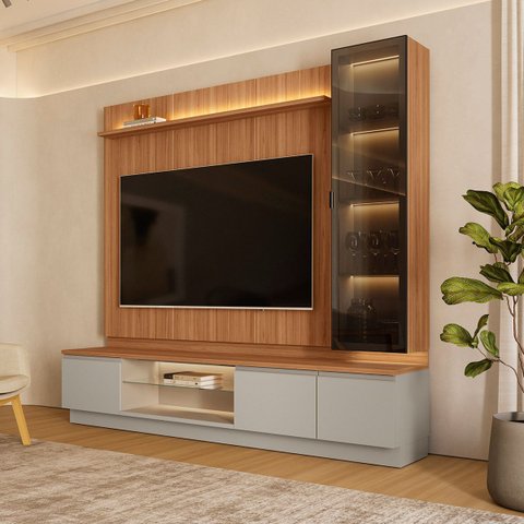 Conjunto Painel Rack Módulo Cristaleira Been Mdp/mdf Tv até 75 Canela/gris G77 - Gran Belo