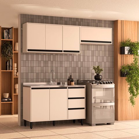 Cozinha Koya 3 Peças 200x214cm Armários Aéreos Balcão 2 Portas 3 Gavetas Creme 250027