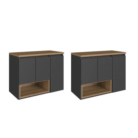 Kit com 2 Gabinetes de Banheiro Suspenso 80cm Cecília com 3 Portas e 1 Nicho sem Cuba Preto/Mel/Grafite