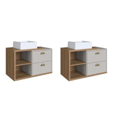 Kit com 2 Gabinetes de Banheiro Suspenso 80cm Helena com 2 Gavetas e Cuba Marrom/Mel/Arenas