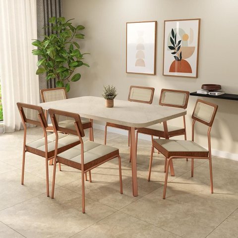 Conjunto Sala de Jantar Petra 6 Lugares Tampo MDP com Cadeiras em Aço Rosê 160cm Móveis Carraro