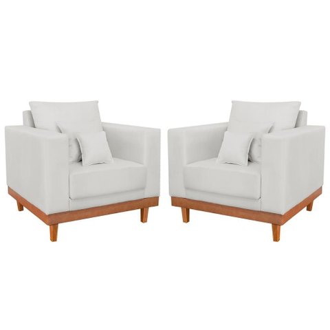 Kit 2 Poltronas Reforçada Linho Pés Base Madeira + Almofadas Cor:bege