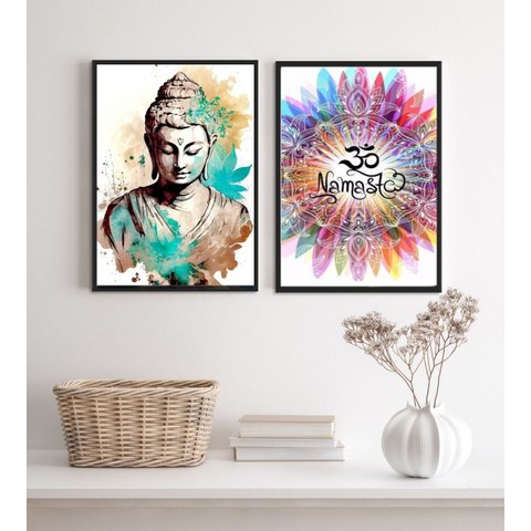Kit 2 Quadros Buda Namastê- Aquarela 33x24cm:madeira Preta